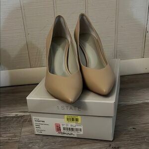 1. State Tan Kitten Heels with metallic strip and pointed toe